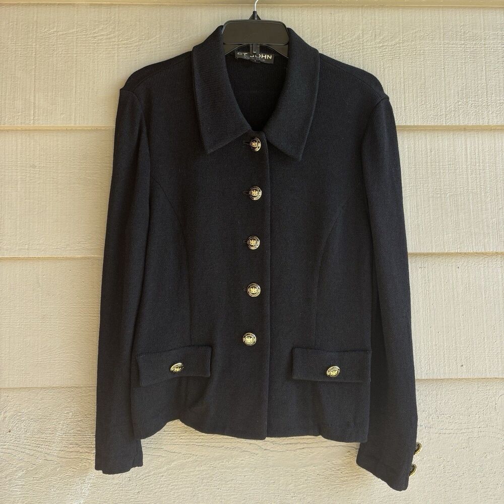 Vintage St John Basics Black Textured Knit Gold Button Jacket Blazer USA 8